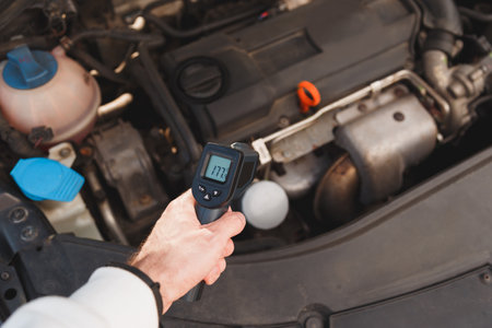 Measuring Temperature of Internal Combustion Engine Turbine by Laser Infrared Thermometer. Checking Vehicle Systems Temperature with Pyrometerの写真素材