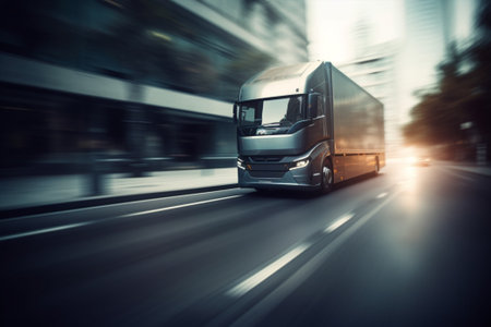 Delivery Electric Vehicle Truck on Road, motion blur. AI generativeの写真素材