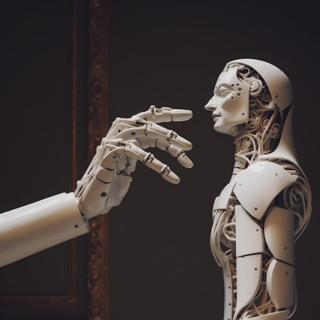 cyberpunk. Big Robot Hand Touching Sculpt Humanoid Robot art at Exhibition. Droid world without people. Generative AIの素材