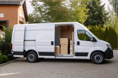 EV minibus for removing, uploaded with boxes with open side door at house. Generative AIの素材