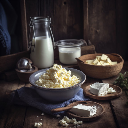Natural farm dairy products: milk, sheep's cheese, cottage cheese in pottery on old rural wooden table. AI Generativeの素材