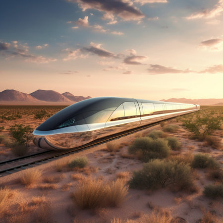 Concept of magnetic levitation train moving on the skyway across desert. Modern transport. Generative AIの素材