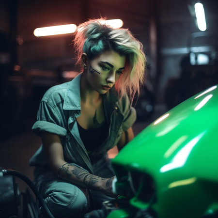Beautiful woman Auto Mechanic working in Garage. trendy hairstyle. Cyberpunk style. Generative AI.の素材