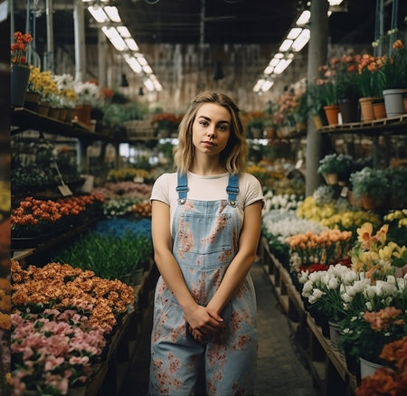 Portrait of Female Florist in Shop. AI generativeの素材