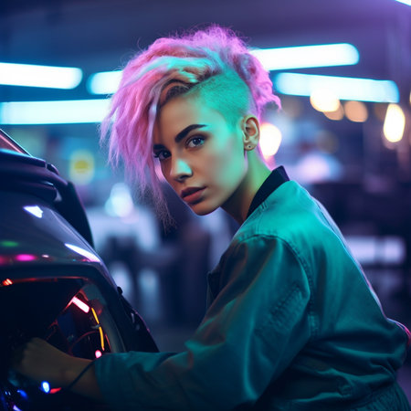 Beautiful woman Auto Mechanic working in Garage. trendy hairstyle. Generative AI.の素材