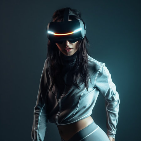 Woman in virtual reality headset in neon colors. Stylishly dressed young brunette woman. AI generativeの素材