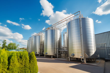 Ecological Plant with Shiny Fuel Deposits Tanks for Industrial Gas in daylight. Generative AIの素材