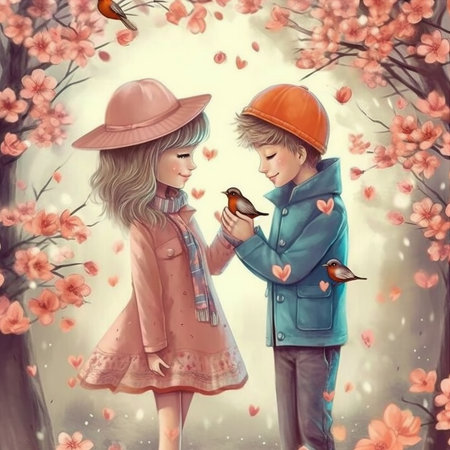 Couple in love in spring. Feelings, romance. AI generativeの素材