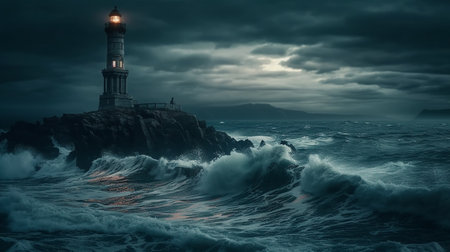 Old Lighthouse on Island in Stormy Ocean, In Night with moonlight. Generative AIの素材