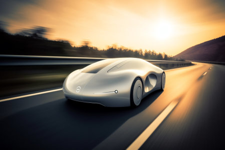 Electric vehicle super car on mountain road, sunset in summer. Generative AIの素材