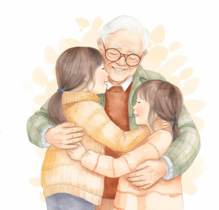 Grandfather and kids hugging together. Family concept, AI generativeの素材