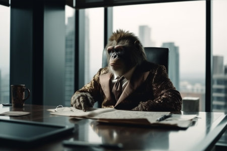 Monkey Boss in human suit businessman sitting in chair in contemporary office in skyscraper. AI generativeの素材