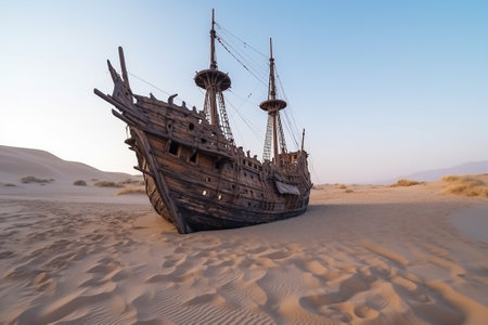 Abandoned wooden ship frigate in the Desert. Dried sea. AI generativeの素材