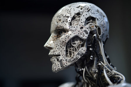 Futuristic Cyber Robot with Human Face Mask. AI generativeの素材