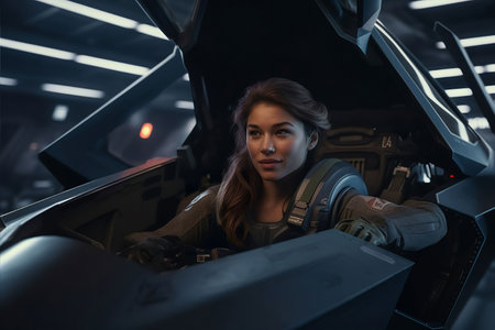 Astronaut woman in cockpit of spaceship. Future sci-fi, science fiction. AI generativeの素材