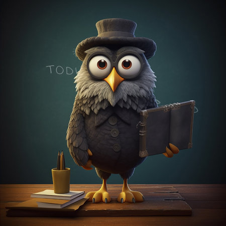 Cartoon teacher character wise owl at classroom with blackboard in background. AI generativeの素材