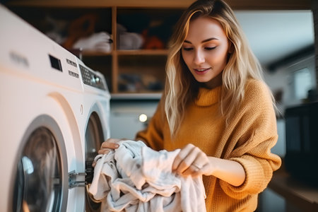 Woman in washhouse Loading clothes into laundromat washing machine. AI generativeの素材
