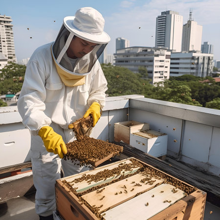 Rooftop Beekeeper working collect honey. Generative AIの素材