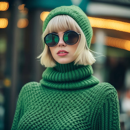 Fashionable woman wearing green knit collar, hat and sunglasses. Urban lifestyle portrait, AI Generativeの素材