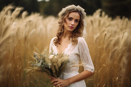 Beautiful young bride in white dress posing in nature, evening light. Generative AIの素材