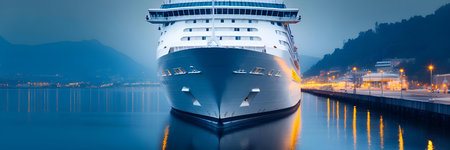 Luxury cruise ship in port at sunset. Banner sea voyage concept. Generative AIの素材