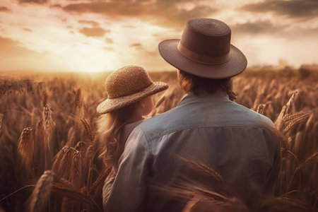 Father in a hat and little daughter are sitting hugging on the field at sunset, view from the back. Generative AIの素材