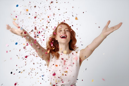 Excited happy woman catching falling confetti, white background. AI Generativeの素材