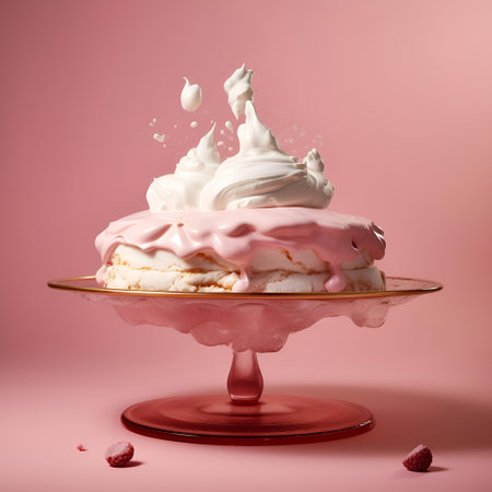 Pavlov's cake on plate, levitating cream, pink background, close-up. AI generativeの素材
