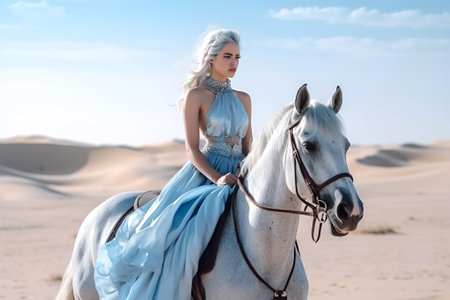 Beautiful woman with blue hair in a blue dress rides a white horse in the desert, a mythical character. AI generativeの素材