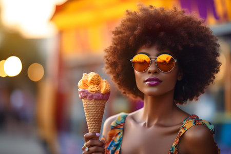 Young african american woman smiling happy on a summer evening on the street eating a ice cream in cone. Generative AIの素材