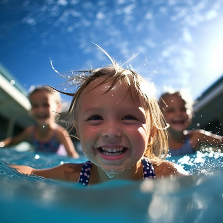 Happy children in the swimming pool. Funny kids playing outdoors. Summer vacation concept. Generative AIの素材