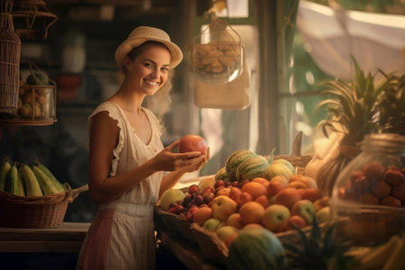 Caucasian woman worker in apron worker at farm fruits and vegetables market, standing at counter. Small business concept. Generative AIの素材