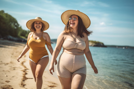 Happy plus size women having fun walking on the beach during summer vacations. generative AIの素材