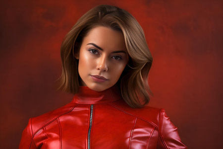 Beautiful woman in red leather jumpsuit on a red background. Leather clothes fashion, seductive garmentの素材