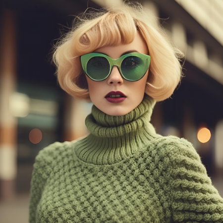 Fashionable woman wearing green knit collar, hat and sunglasses. Urban lifestyle portrait, AI Generativeの素材