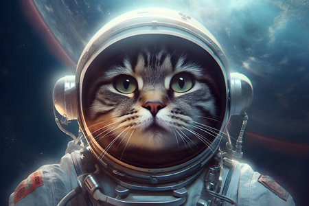 Cat the astronaut in open space. Animal behave like a human. Generative AIの素材