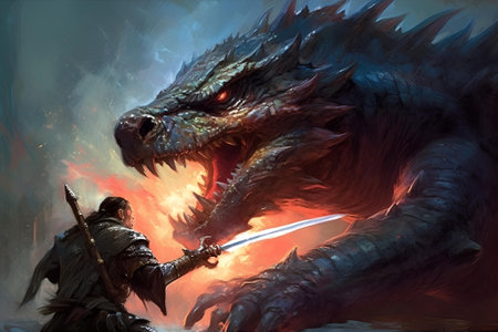 Brave knight or swordsman fighting with huge dragon. Fairytale or legend. Generative AIの素材