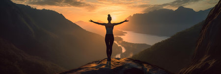 Young woman is practicing yoga at mountain, panorama. Generative AIの素材
