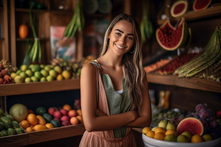 Caucasian woman worker in apron worker at farm fruits and vegetables market, standing at counter. Small business concept. Generative AIの素材