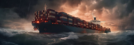 Huge container tanker ship carrying truck size colorful containers in deep blue open on sunset. Generative AIの素材
