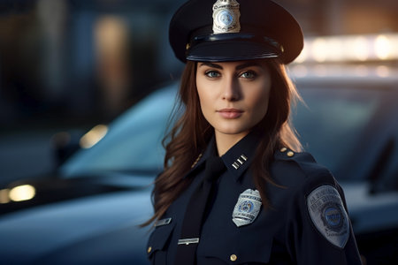 Woman police officer with her patrol car in the background. evening light. Generative AIの素材