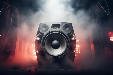 Large music speaker, color smoke and neon lights. generative AIの素材