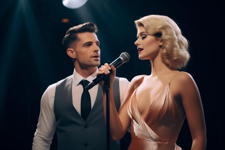 Couple of young man and woman singing on stage, duet. Generative AIの素材