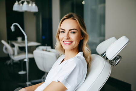Smiling and satisfied patient woman in dental office after treatmentの素材