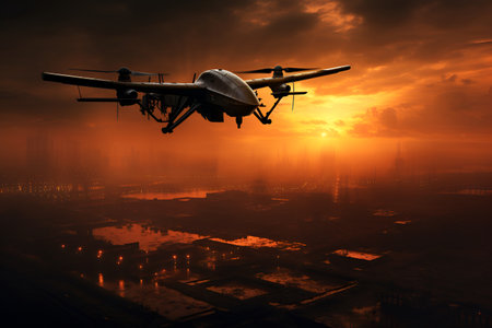Military drone flying at sunset, drone aerial view. AI generativeの素材