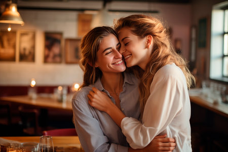 Young women hugging each other in restaurant, AI generativeの素材