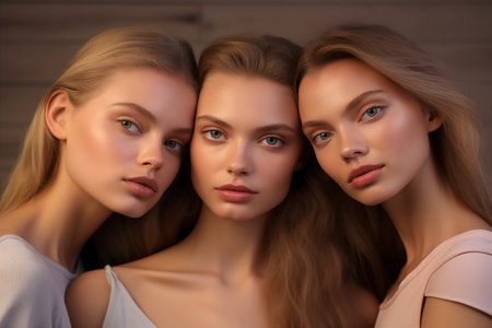 Beauty Portrait of Three Diverse Multiethnic Models on plain background. Wellness, Spa, Cosmetology, Skincare Concept.の素材