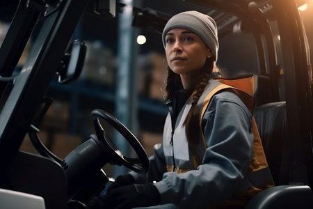 Woman forklift driver working in warehouse or stock. Generative AIの素材