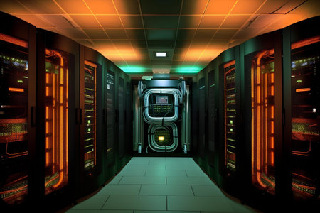 Data center room with computers and storage systems. AI generativeの素材
