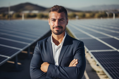 Portrait of manager handsome man standing at solar panels power plant for sustainable energy. Generative AIの素材